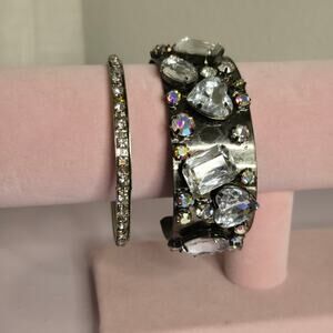 Encrusted Clear Heart Rhinestone Wide Bangle & Slender Tennis Bracelet Set